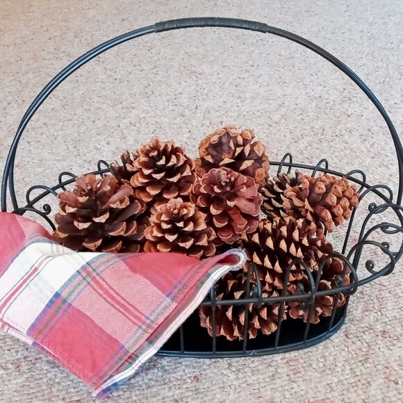 FREE Pinecones! - Twisted Black Wire Basket w/handle Farmhouse Decor Cottagcore - Picture 1 of 8